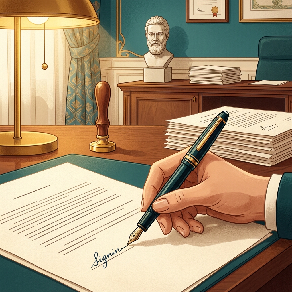 Mână semnând olograf un document oficial cu stilou pe birou de lemn profesional
