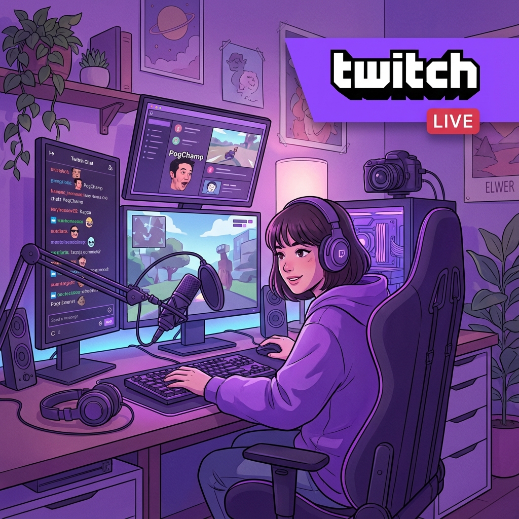 Ilustrație Twitch streaming setup cu lumini LED viola și echipament gaming profesional
