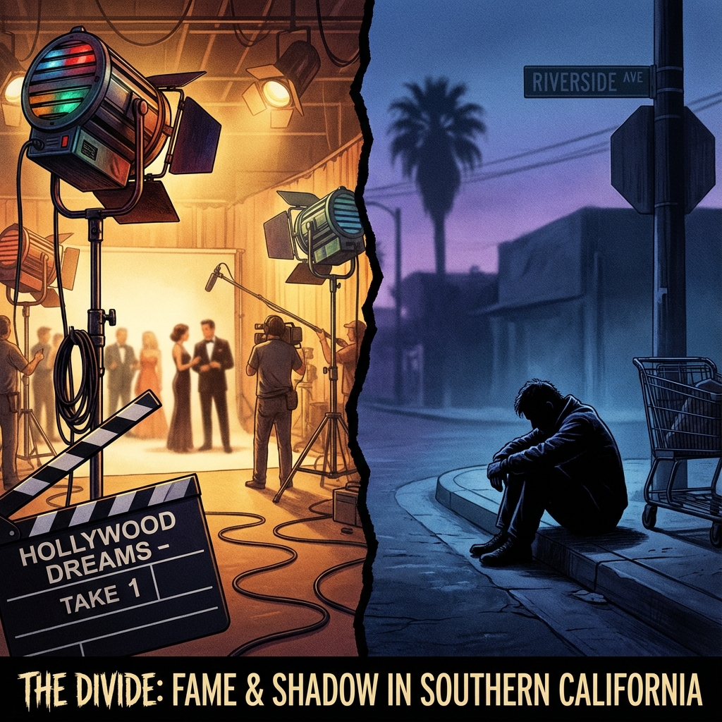 Ilustrație editorială contrastantă: platourile strălucitoare de la Hollywood vs realitatea dură a vieții pe străzi pentru Tylor Chase