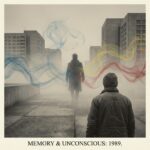 Scenă onirică suprarealistă cu silueta lui Ceaușescu în ceață, simbolizând memoria colectivă și visele despre trecutul comunist al României