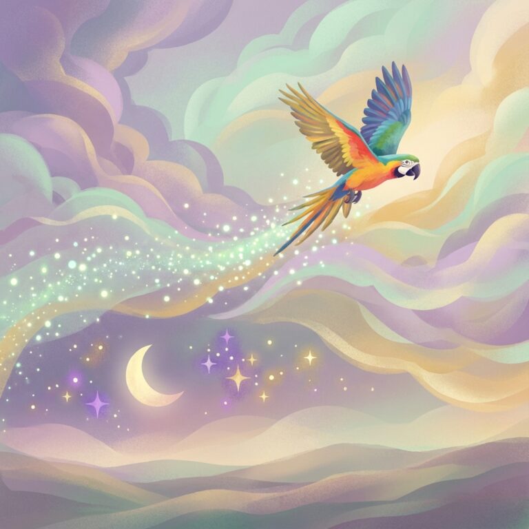 Papagal colorat zburând prin cer de vis, simbol al comunicării și libertății în interpretarea viselor