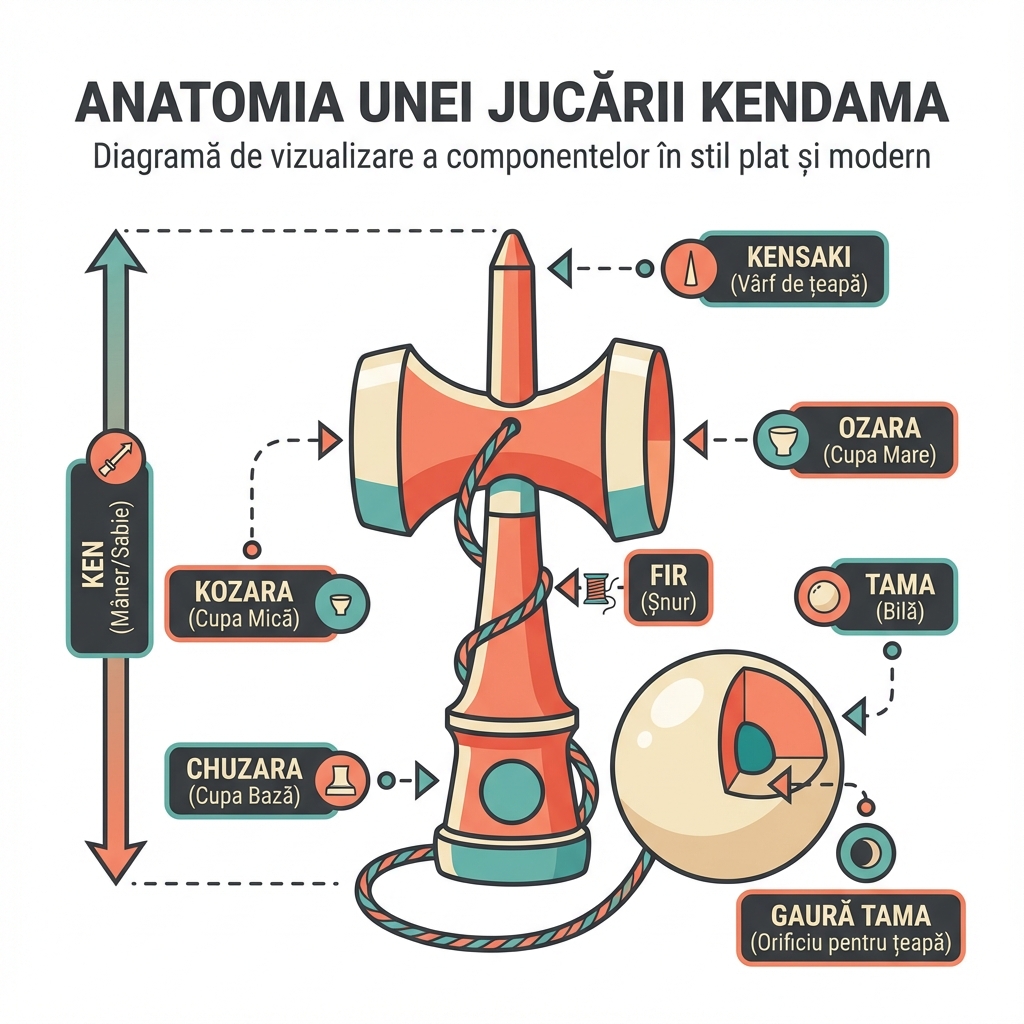 Infografic: Anatomia unei Kendama - Ken (mâner), Tama (bilă), Ozara (cupa mare), Kozara (cupa mică), Chuzara (cupa de bază), Kensaki (vârf)