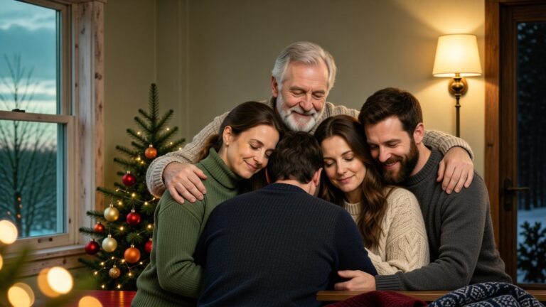 O familie se îmbrățișează lângă brad într-o cameră decorată de Crăciun.