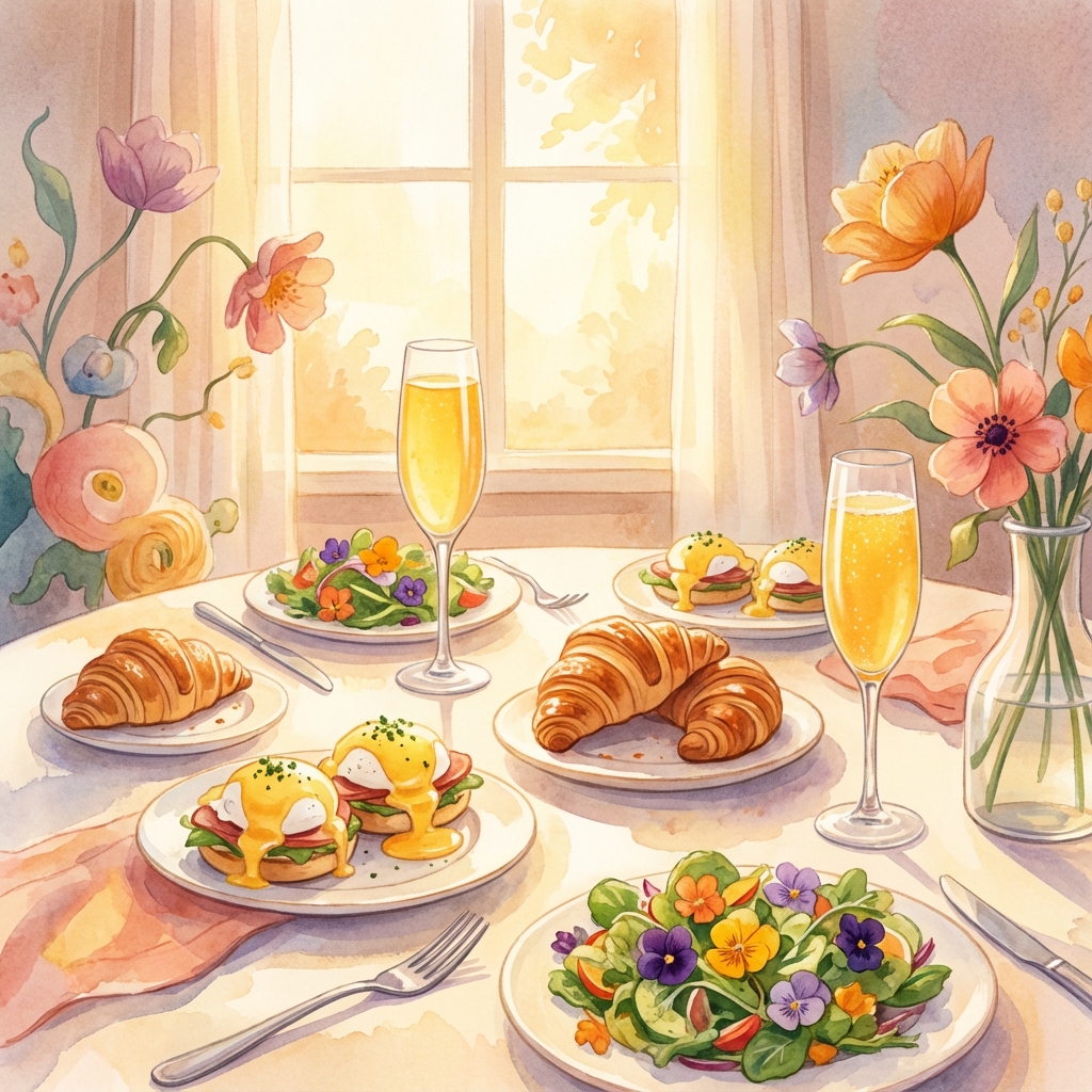 Masa de brunch estetica cu oua benedict si mimosa