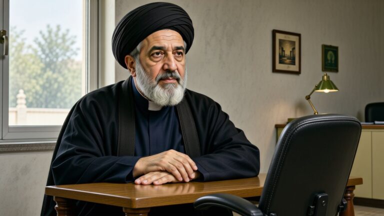 Un cleric șiit în vârstă, cu turban negru și robă, într-un interior sobru.