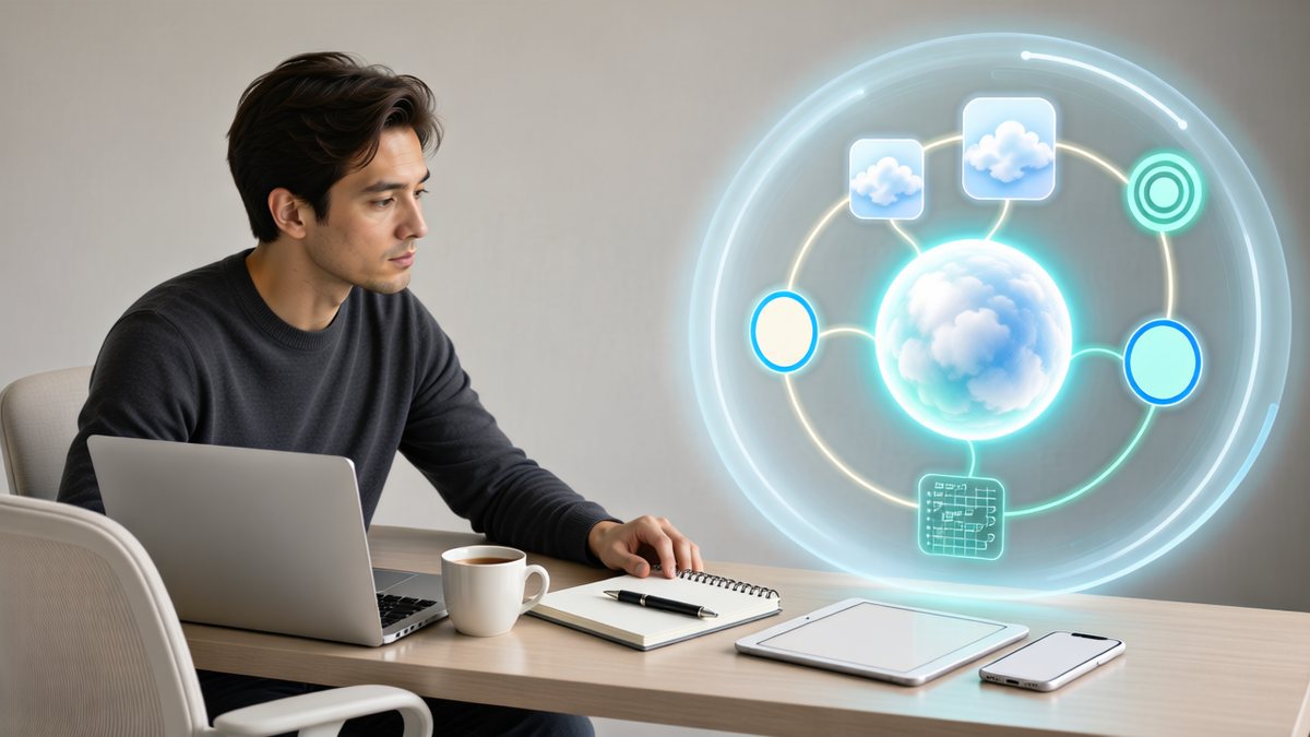 Un bărbat la laptop privește o reprezentare holografică a unui asistent de inteligență artificială multimodal.
