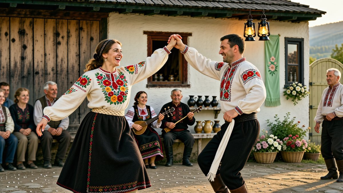 Un cuplu dansează huțulca la o sărbătoare din Bucovina, în port popular.