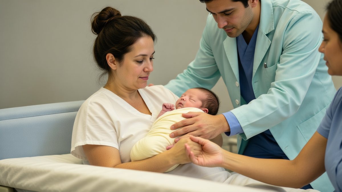 O mamă este sprijinită de personal medical într-o maternitate, lângă nou-născut.
