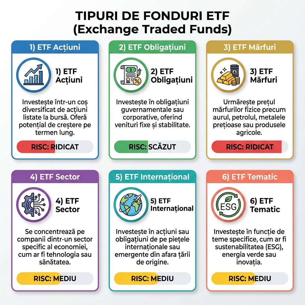 Infografic: 6 tipuri de ETF-uri - Acțiuni, Obligațiuni, Mărfuri, Sector, Internațional, Tematic