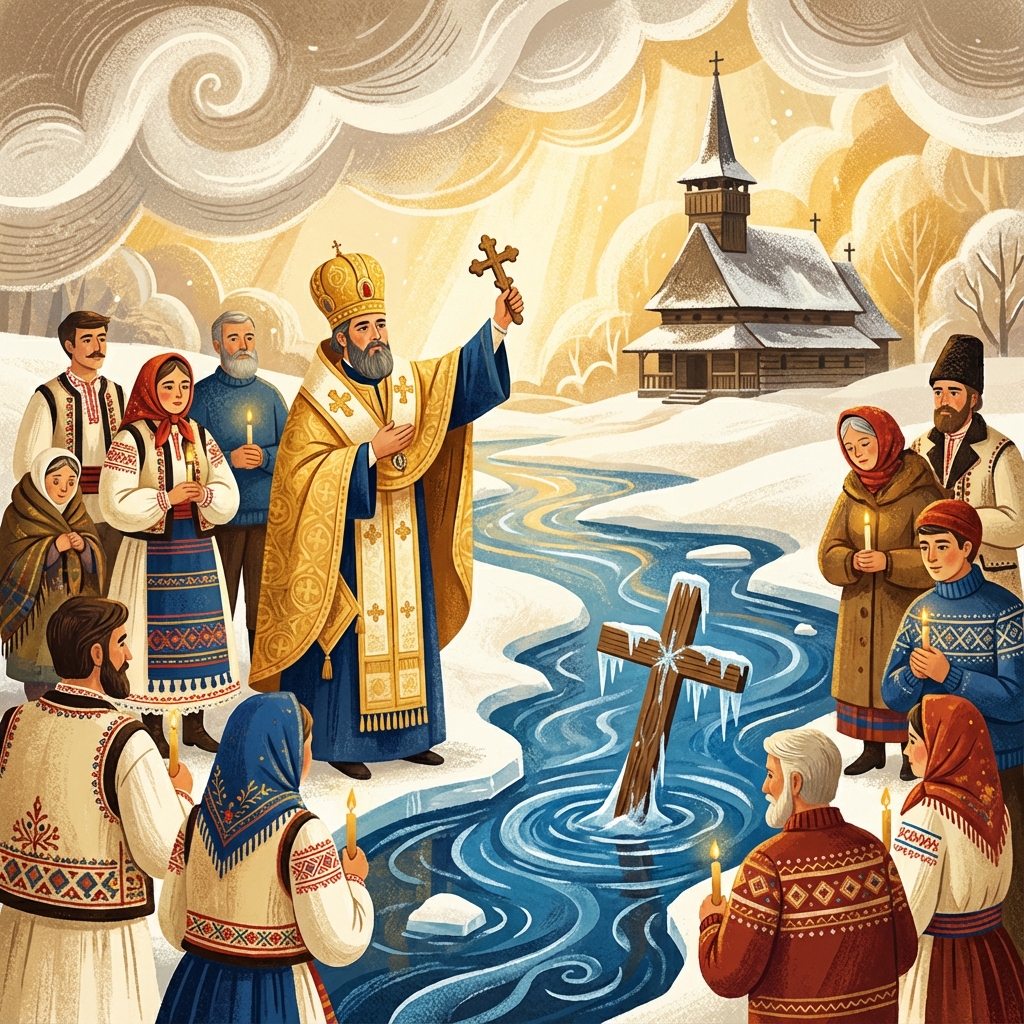 Boboteaza - ilustrație cu preot ortodox sfințind apa, săteni în costume tradiționale românești, cruce de lemn în râu înghețat