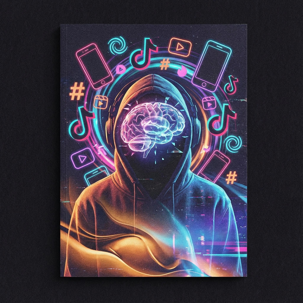 Ilustrație brainrot: persoană înconjurată de conținut digital colorat și smartphone-uri, simbol pentru deteriorarea mentală cauzată de social media