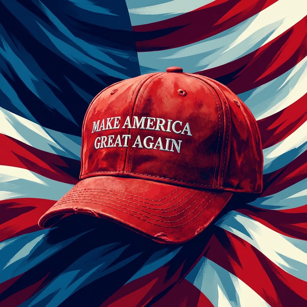 Șapcă roșie MAGA Make America Great Again pe fundal de steag american