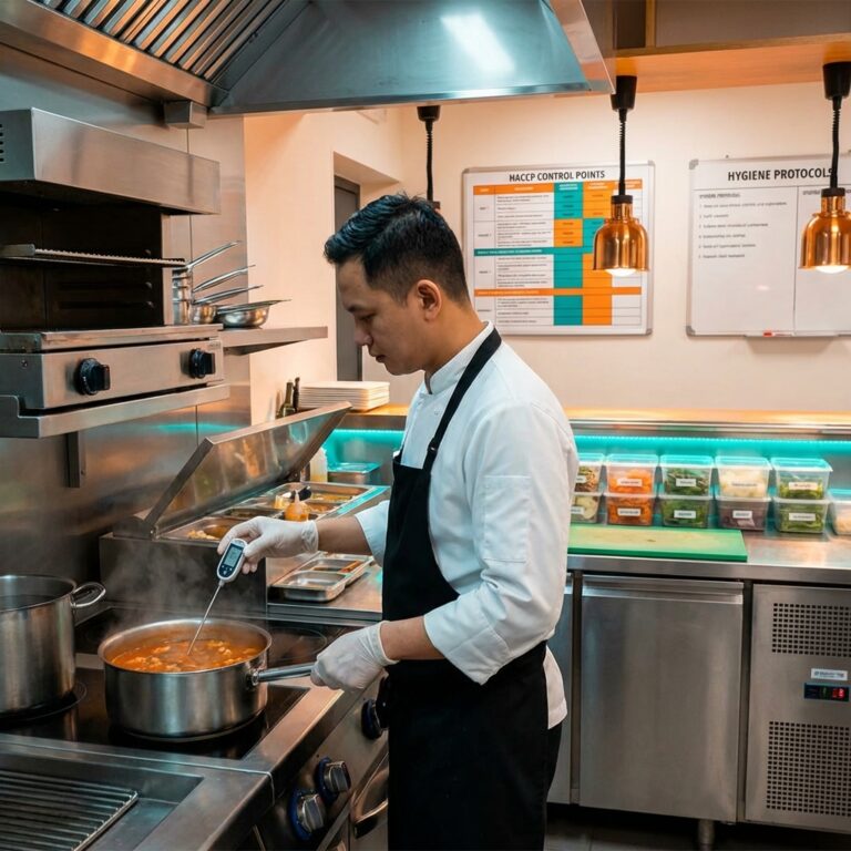 Bucatar verificand temperatura mancarii in bucatarie profesionala HACCP