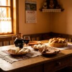 Masa traditionala romaneasca cu mancare de dulce simbolizand harti