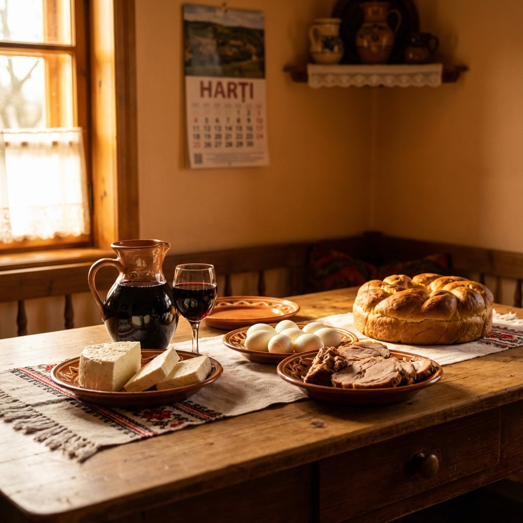 Masa traditionala romaneasca cu mancare de dulce simbolizand harti