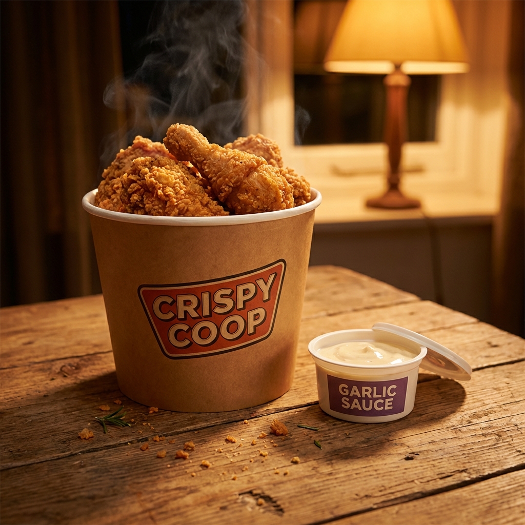 Găleată KFC cu pui crocant și sos de usturoi Glenn pe masă