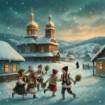 Ce înseamnă Chiraleisa: cântecul străvechi de Bobotează Copii în sat românesc de iarnă strigând Chiraleisa în fața bisericii ortodoxe — tradiție de Bobotează