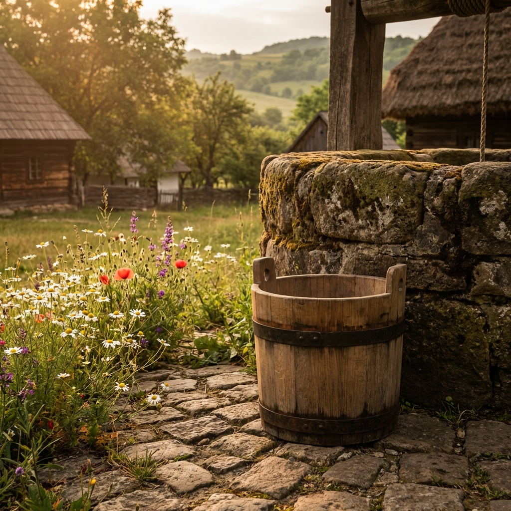 Cofă tradițională din lemn lângă fântâna satului