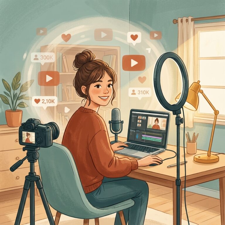 Creator de conținut în studio cu cameră și microfon