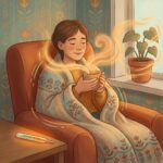 Persoană recuperându-se din curbaturi cu ceai cald și pătură