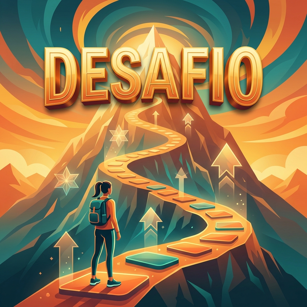 Ilustrație cu cuvântul Desafio și o persoană urcând treptele spre succes