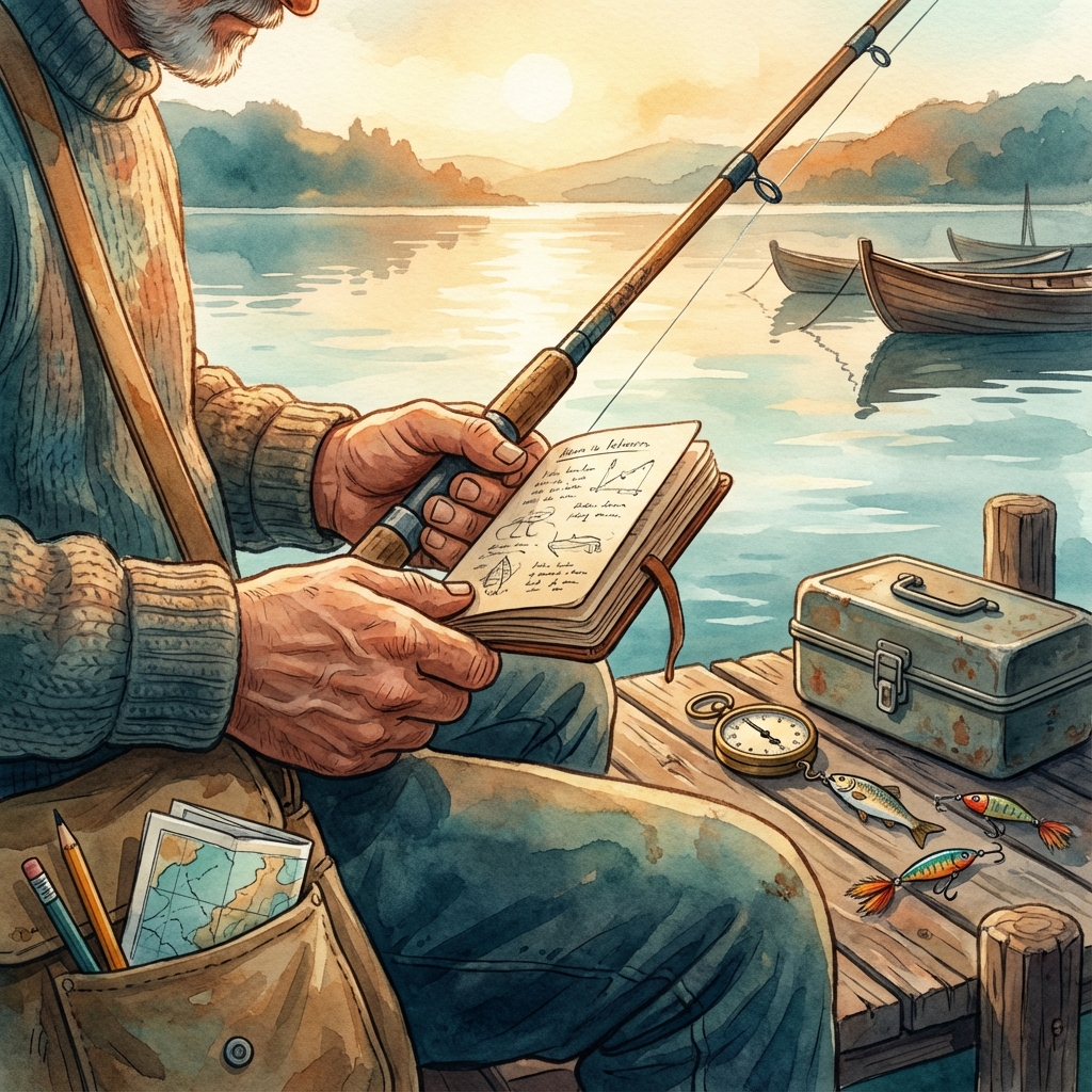 Pescar român ținând un jurnal de captură și undiță la malul unui lac în apus — ilustrație fișa de captură ANPA