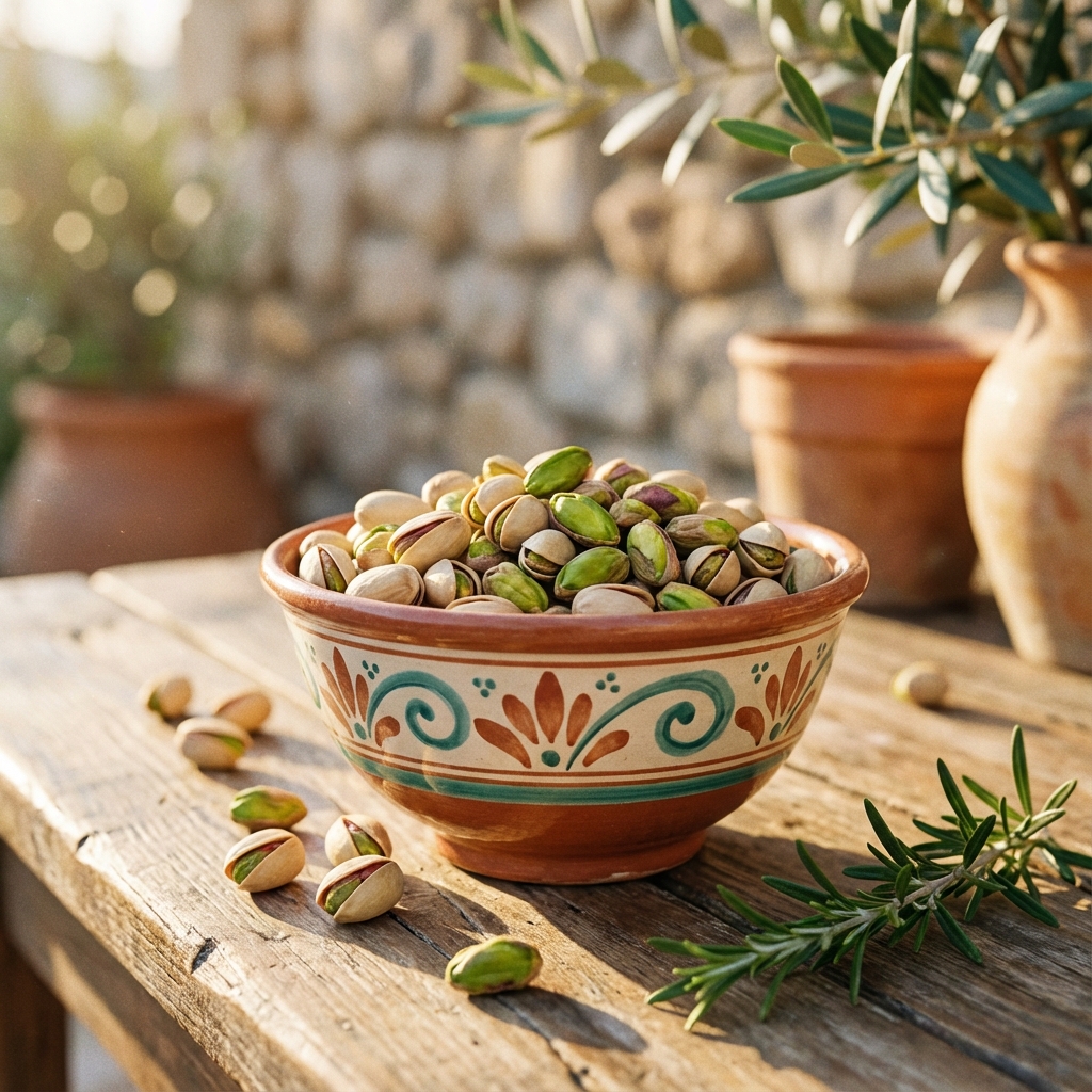 Fistic proaspăt în bol decorativ, pe masă rustică de lemn cu lumină caldă