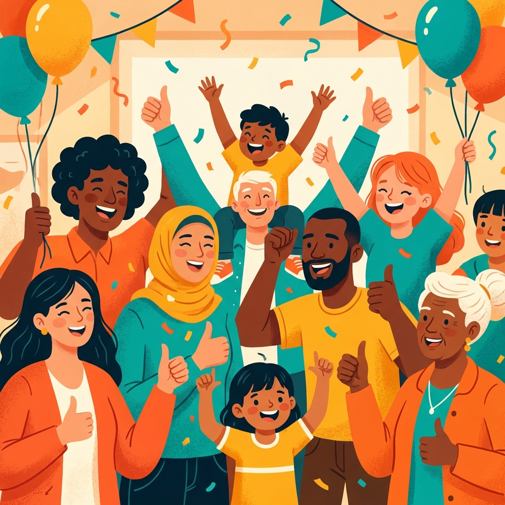 Grup de oameni diverși care arată sus degetul mare și sărbătoresc, reprezentând spiritul de bravo și felicitări
