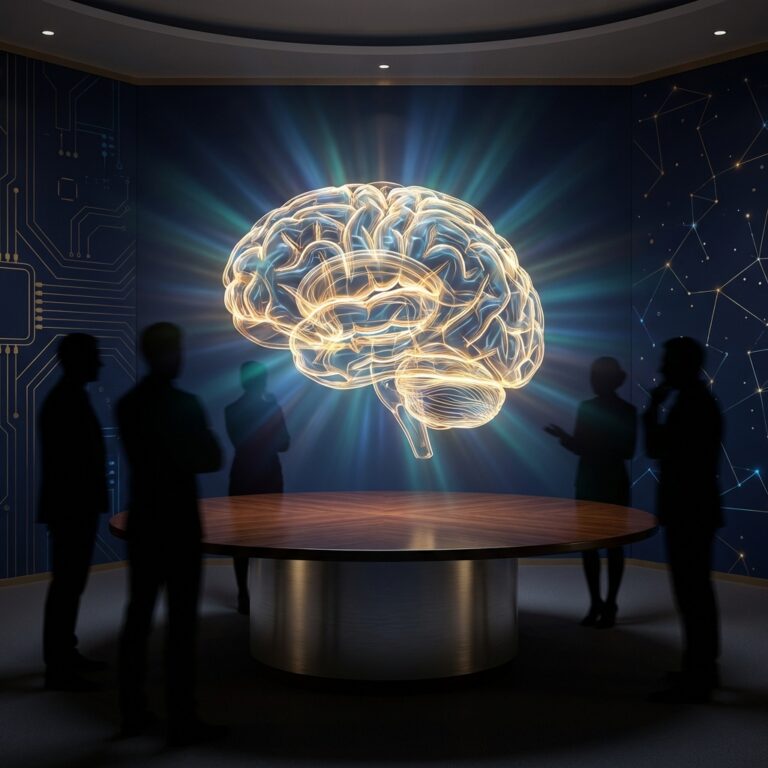 Creier luminos deasupra unei mese rotunde cu siluete de oameni, simbolizând organizația Mensa