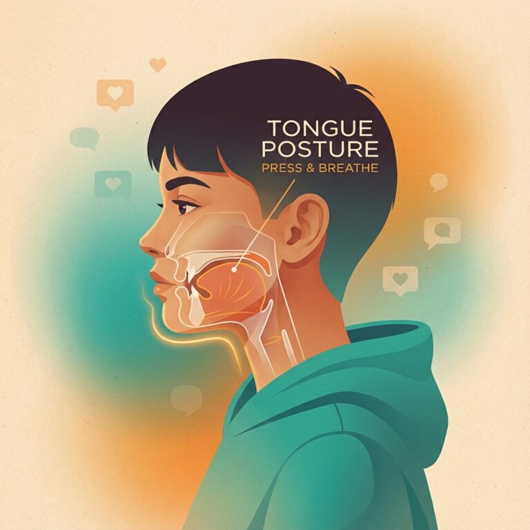 Mewing tehnica jawline ilustrație profil lateral cu postură limbii