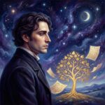 Mihai Eminescu — poetul național al României, portret artistic cu cer înstelat și manuscrise