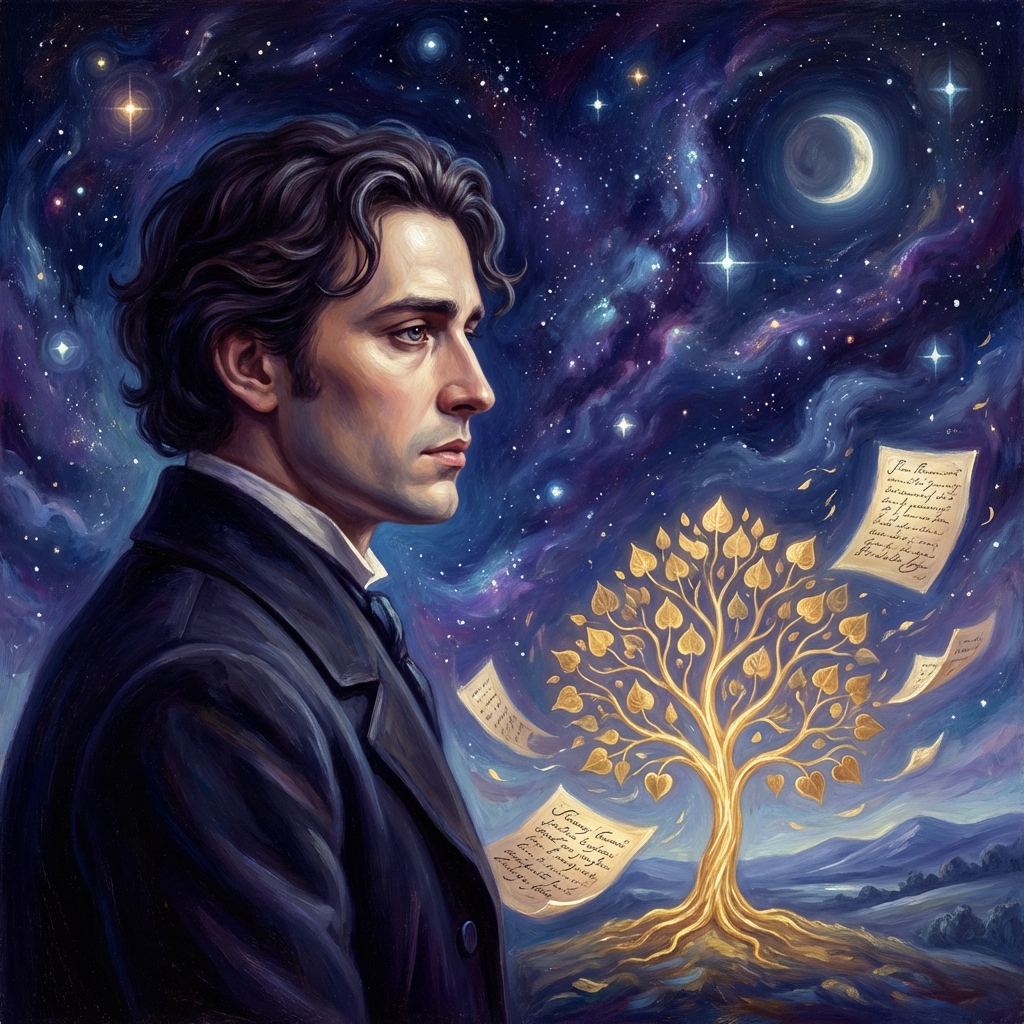 Mihai Eminescu — poetul național al României, portret artistic cu cer înstelat și manuscrise