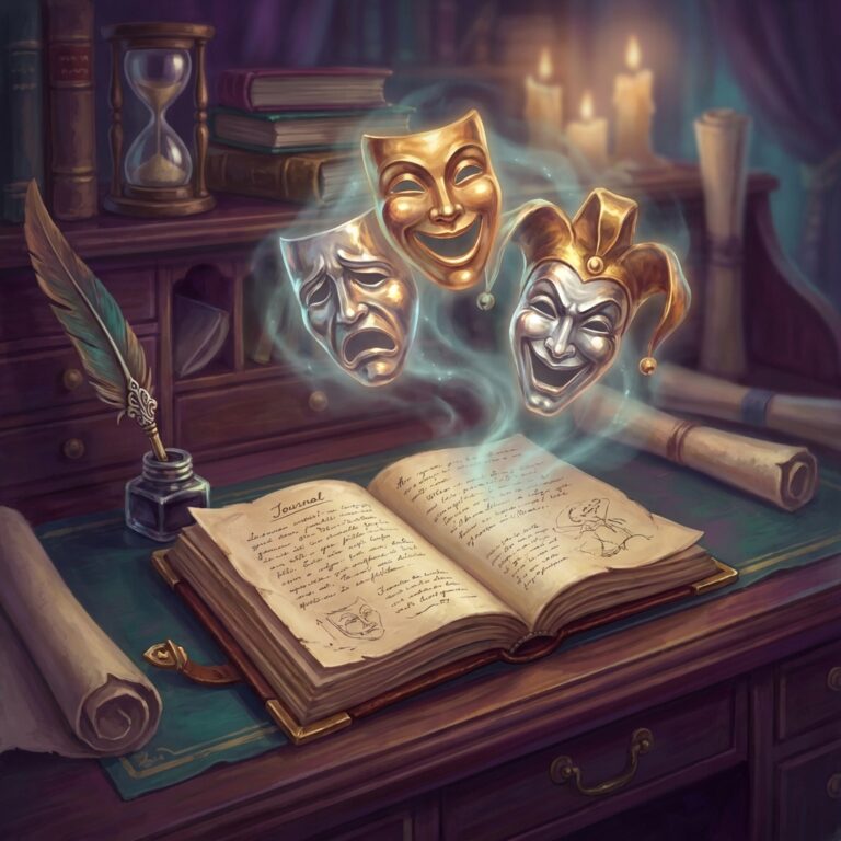 Concept artistic de pseudonim cu măști de teatru și jurnal de scriitor