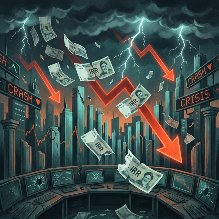 Ilustrație criza rialului iranian cu bancnote și grafice în scădere