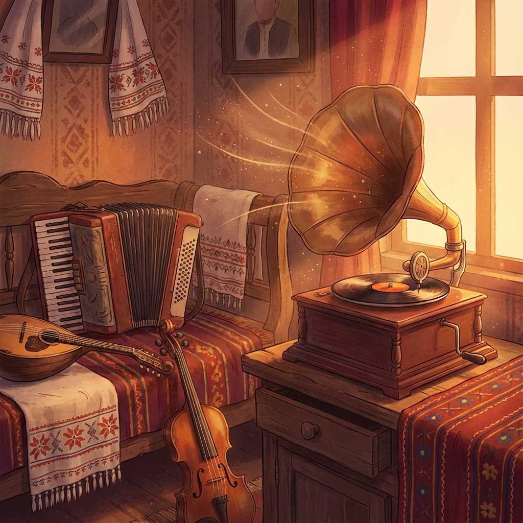 Ilustrație evocatoare cu gramofon, acordeon și vioară în lumină caldă - atmosfera muzicii lăutărești românești