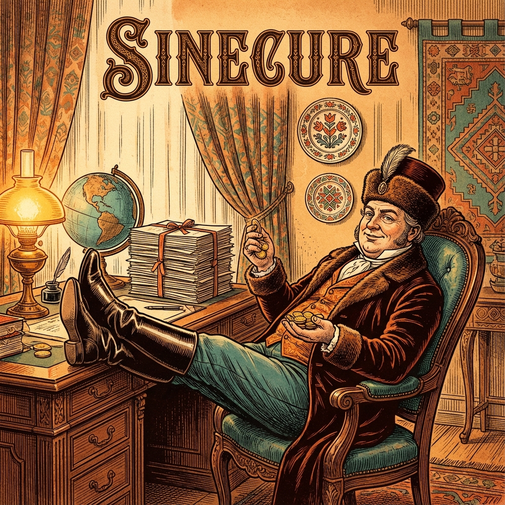 Sinecură - funcție bine plătită fără muncă reală, ilustrație editorială