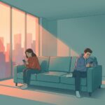 Ce înseamnă situationship: ești într-una și nu știi? Cuplu în situationship pe canapea, fiecare la telefonul propriu - simbol al conexiunii fără angajament