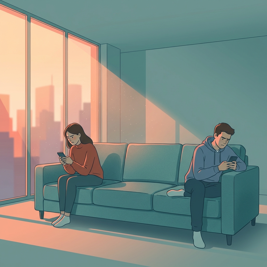 Cuplu în situationship pe canapea, fiecare la telefonul propriu - simbol al conexiunii fără angajament