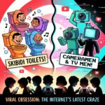 Ilustrație colorată cu Skibidi Toilets și Cameramen, reprezentând fenomenul viral popular la Generația Alpha