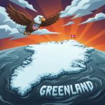 Ilustrație cu Groenlanda și vulturul american reprezentând tensiunile geopolitice SUA-Danemarca