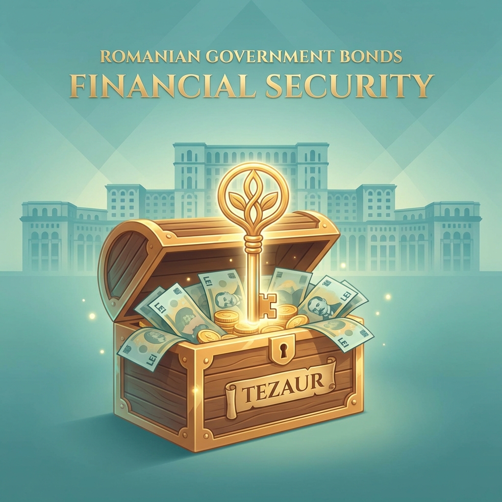 Titluri de stat Tezaur România 2026 - cufăr cu bani și cheie simbolizând securitatea financiară