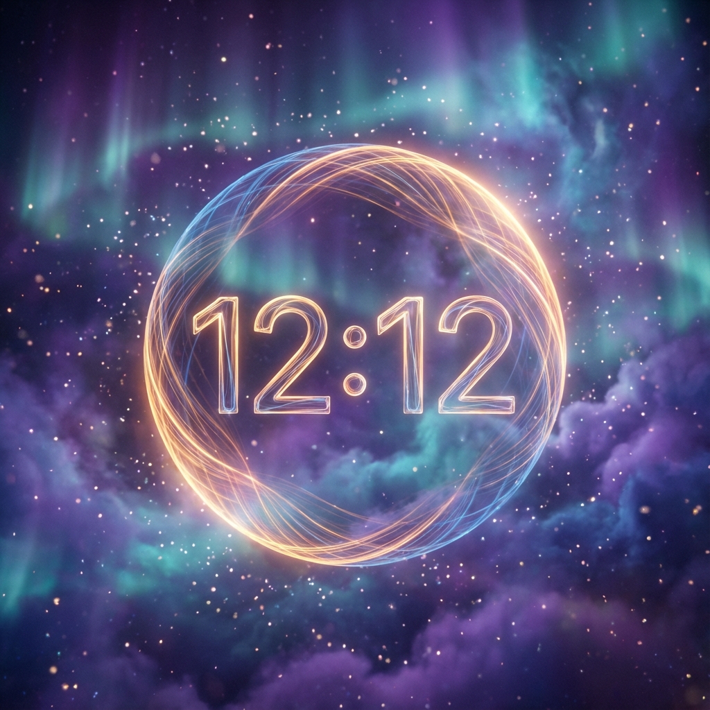 Ceas digital arătând 12:12 într-un spațiu cosmic spiritual - numerologie angelică