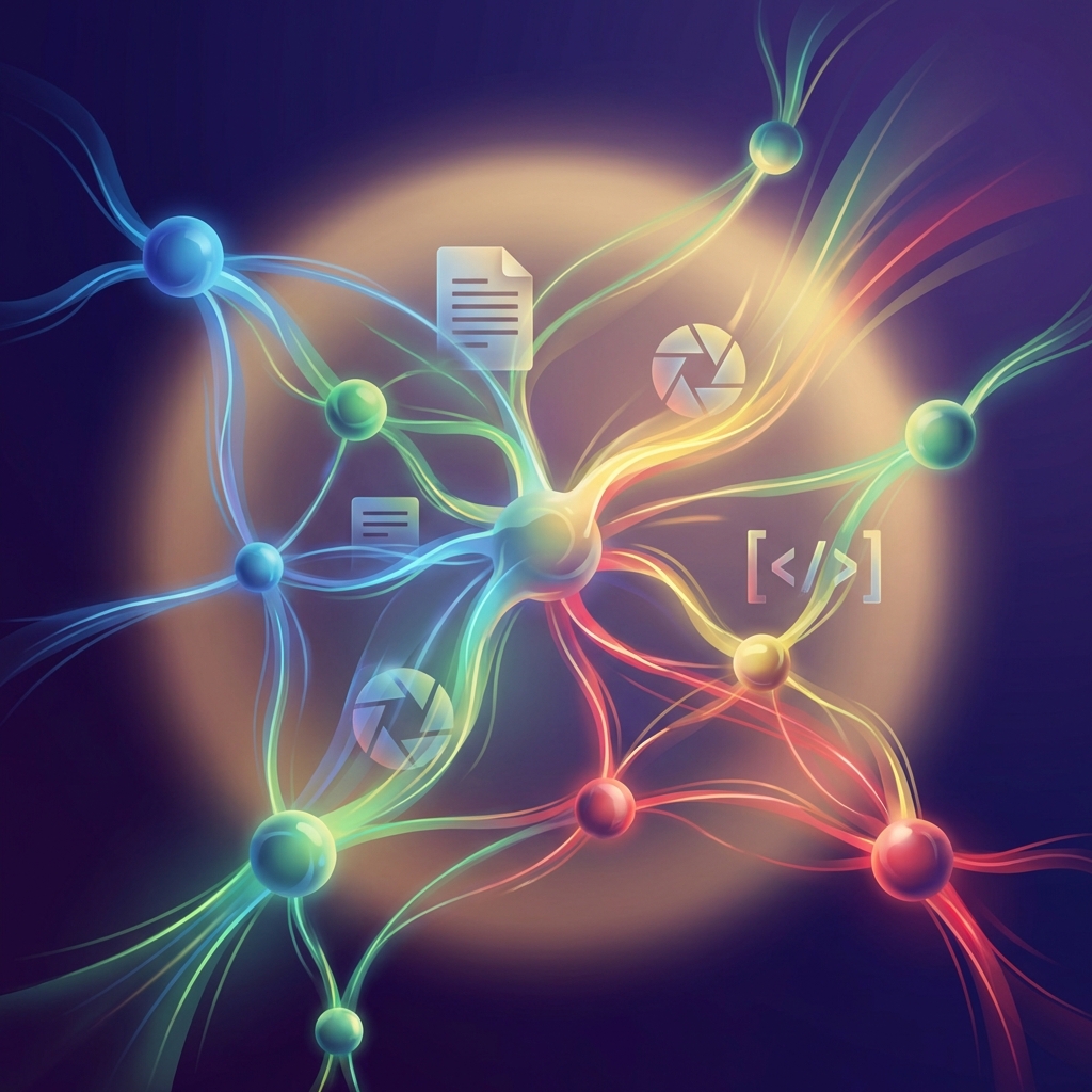 Vizualizare Google Gemini AI - rețea neurală multimodală cu noduri colorate în culorile Google