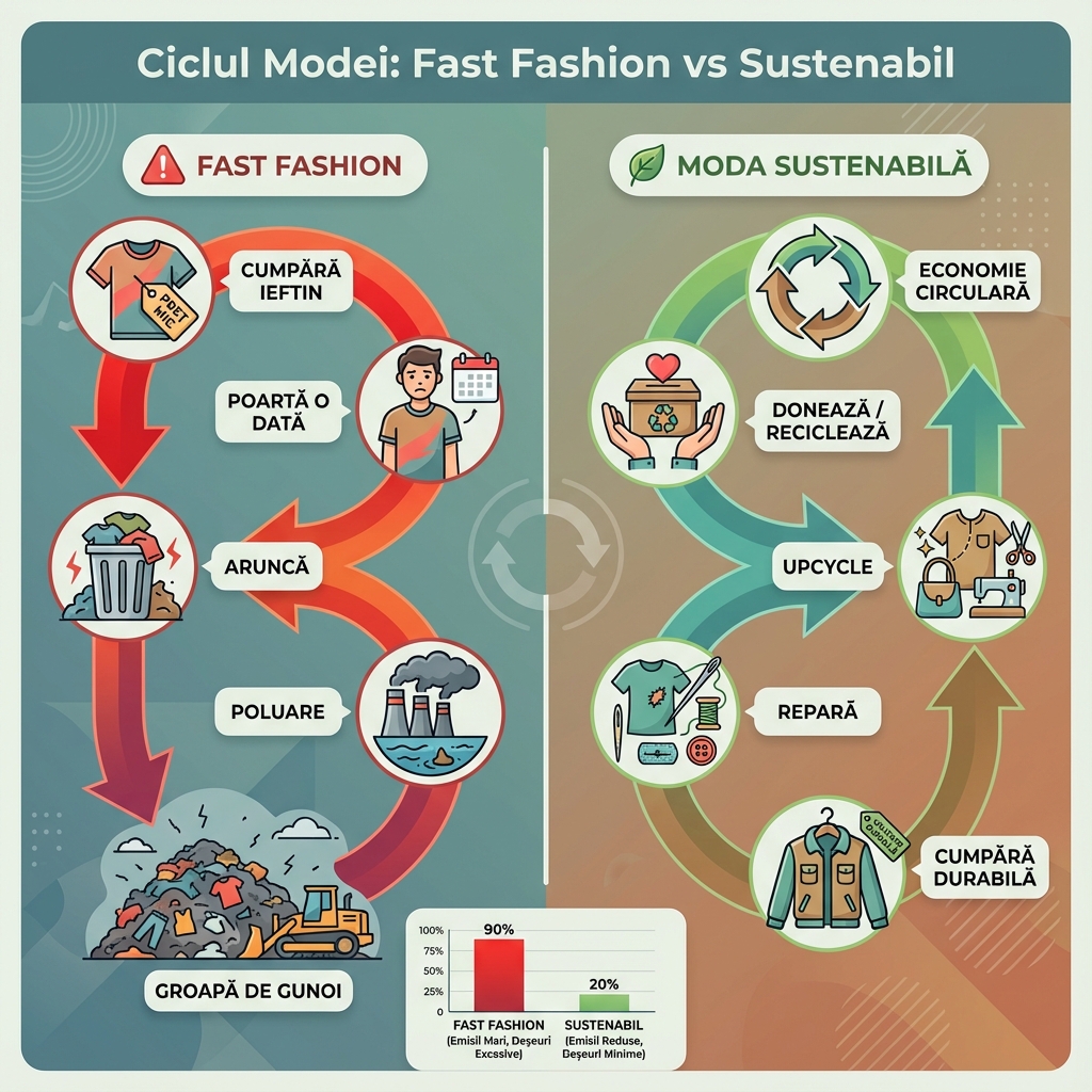 Infografic comparativ: ciclul modei fast fashion versus moda sustenabilă