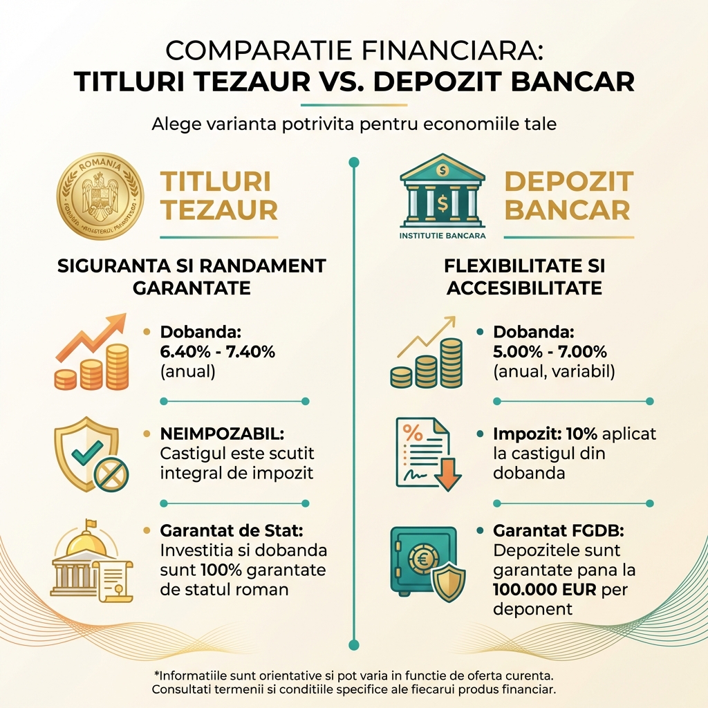 Comparație între titluri de stat Tezaur și depozit bancar în România 2026