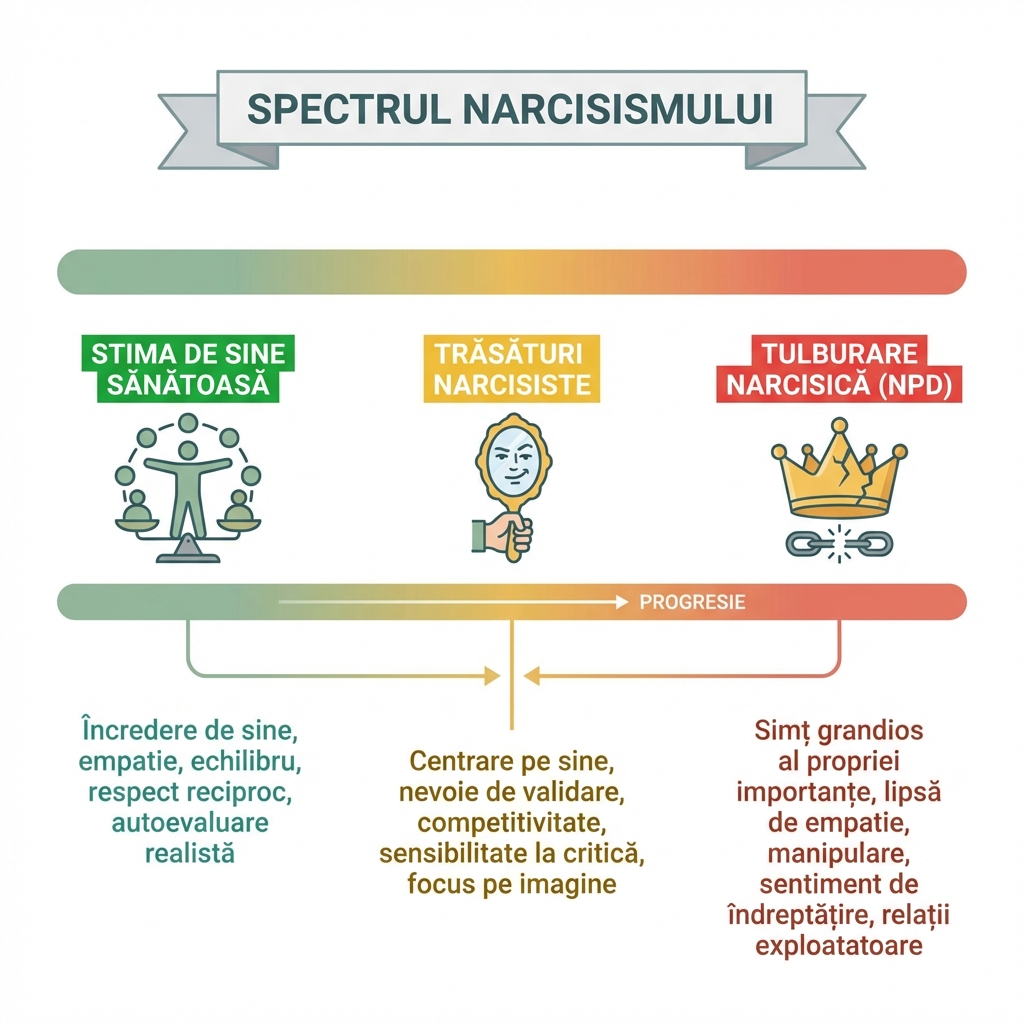 Infografic: Spectrul narcisismului — de la stima de sine sănătoasă la tulburarea narcisică de personalitate (NPD)