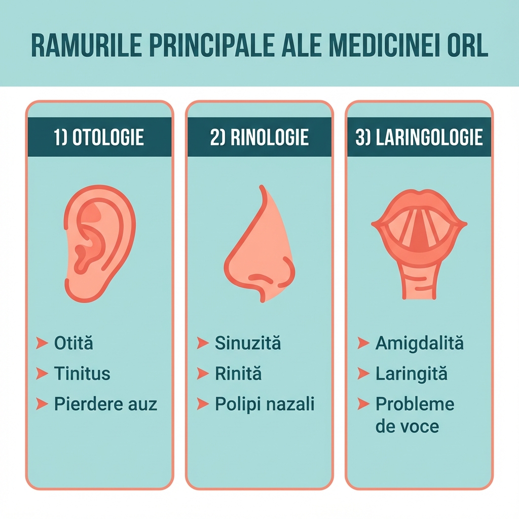 Infografic: Cele 3 ramuri ale ORL - Otologie, Rinologie, Laringologie