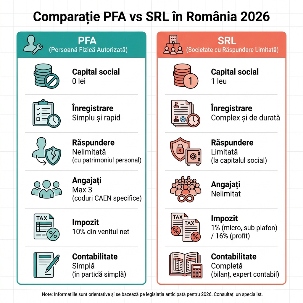 Infografic comparație PFA vs SRL România 2026 - capital, taxe, răspundere