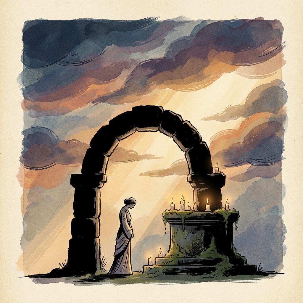 Ilustrație editorială reprezentând RIP - Rest in Peace - arc memorial cu lumânări și raze de lumină