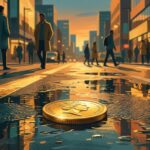 Monedă cu cap în sus pe asfalt ud, soare reflectând pe suprafață